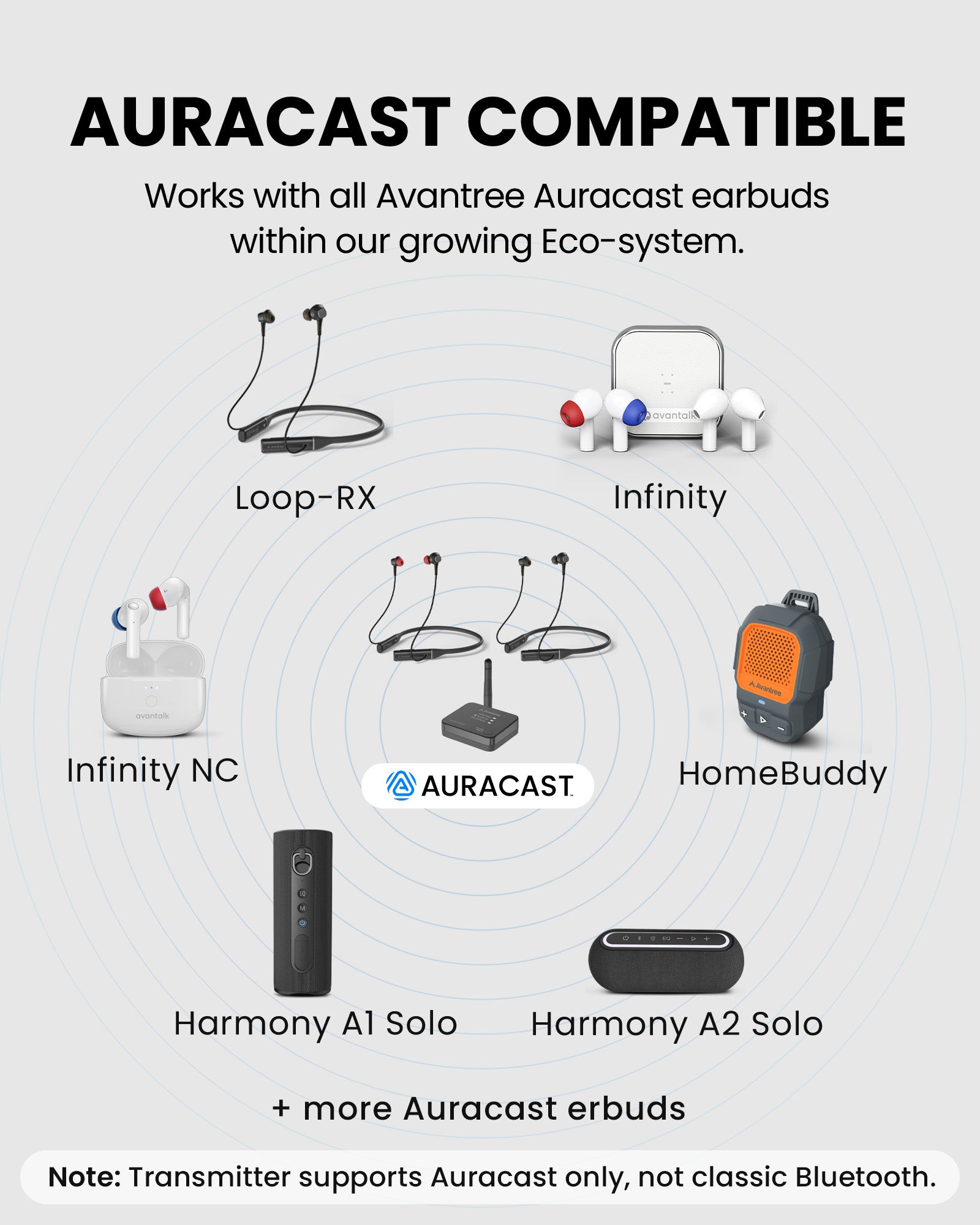 Aura Loop Dual Auracast TV Earbuds with clear dialogue. Compatible with Avantree Auracast earbuds, receivers, speakers, and Auracast-enabled hearing aids.