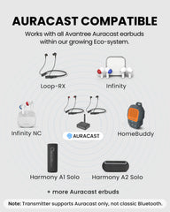 Aura Loop Dual Auracast TV Earbuds with clear dialogue. Compatible with Avantree Auracast earbuds, receivers, speakers, and Auracast-enabled hearing aids.