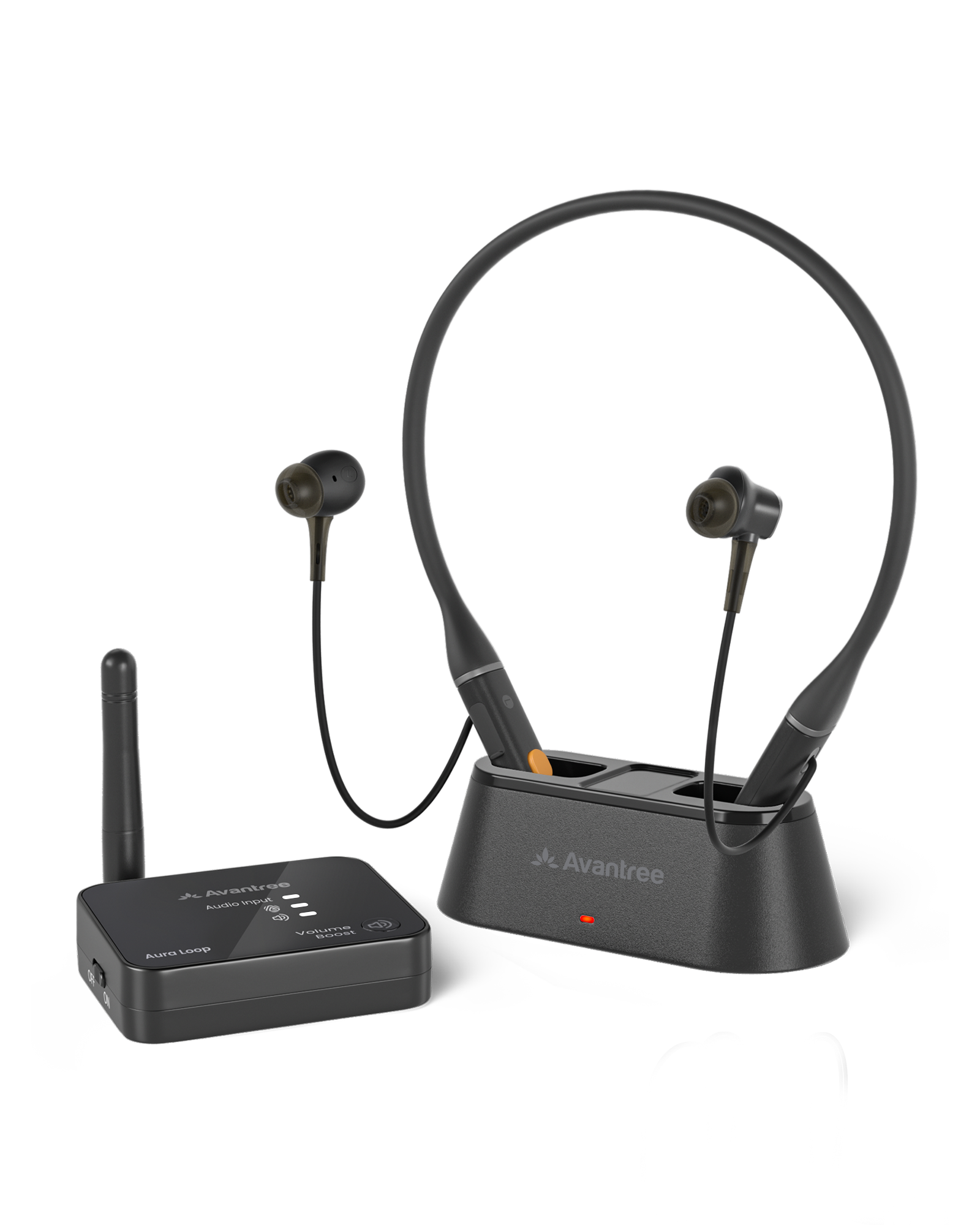 Aura Loop Auracast TV earbuds and charging transmitter