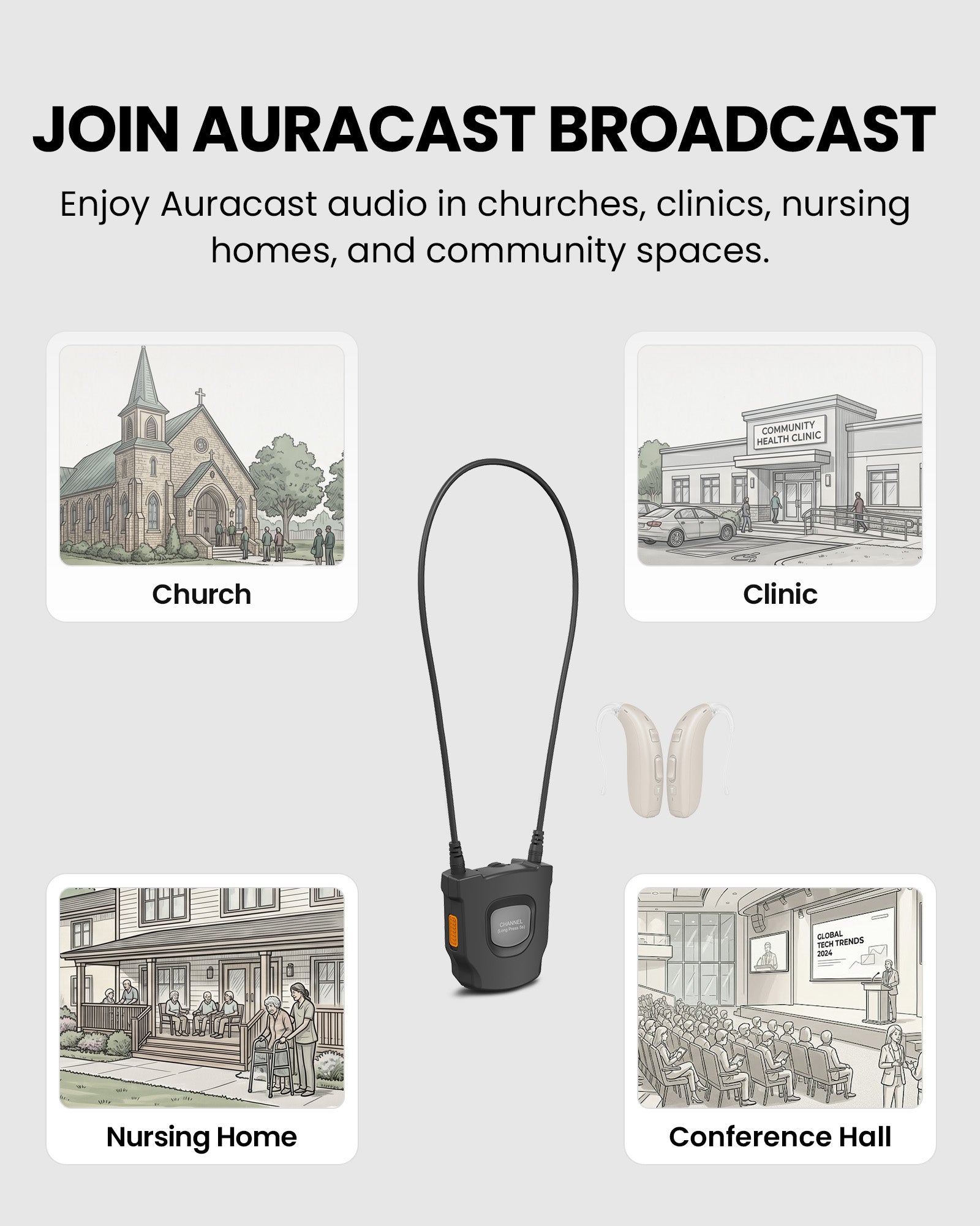 AuraCoil Auracast Receiver with Neckloop for T-Coil hearing aids, ideal for churches, clinics, conference hall, nursing home, and public listening.