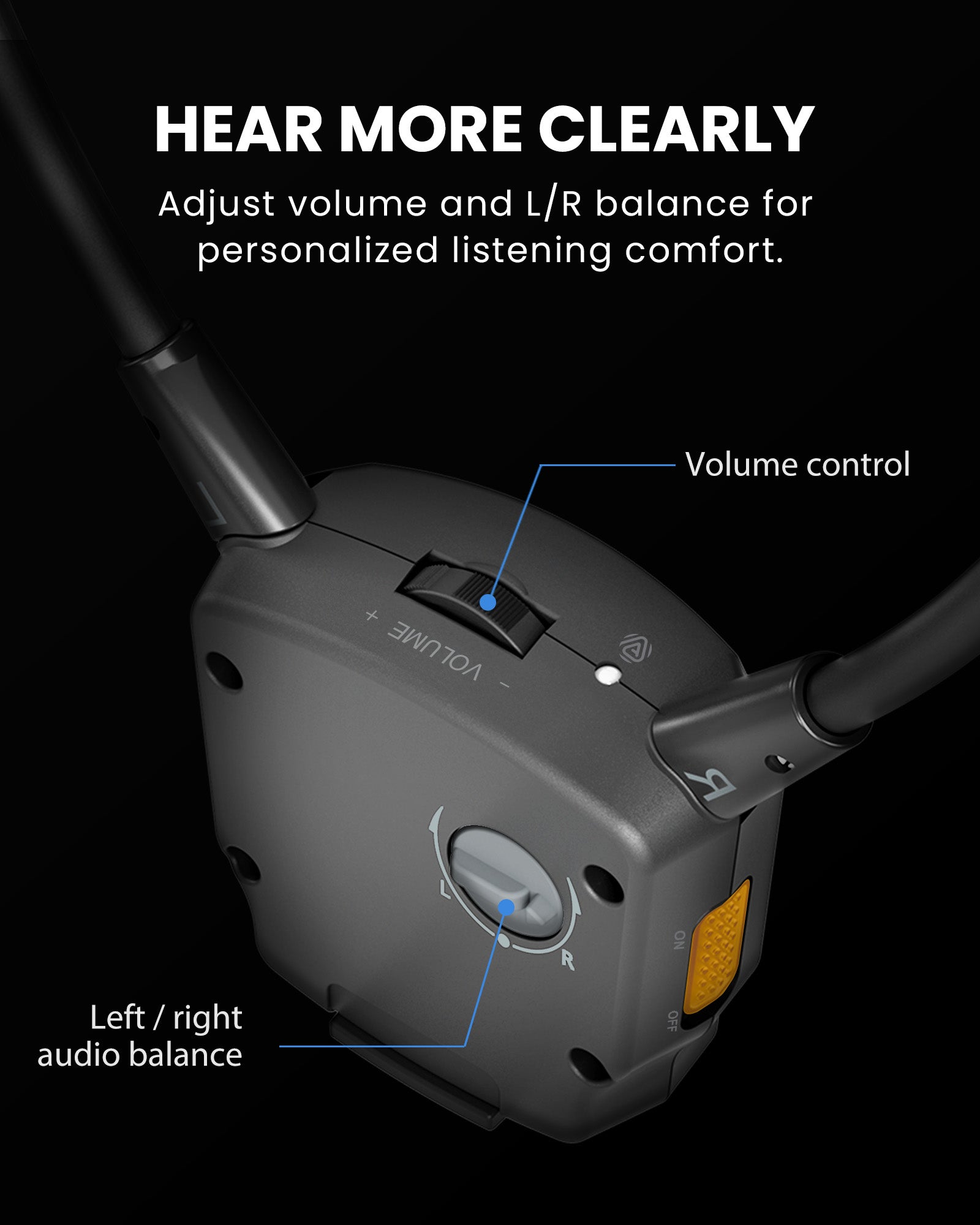 AuraCoil Auracast Receiver with Built-in T-Coil Neckloop for Hearing Aids, features personalized volume and left/right balance control for improved speech clarity.
