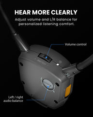 AuraCoil Auracast Receiver with Built-in T-Coil Neckloop for Hearing Aids, features personalized volume and left/right balance control for improved speech clarity.
