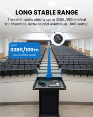 AuraLink Bluetooth Auracast Receiver for homes, churches, and venues, stable wireless range up to 328 ft, up to 500 seats.