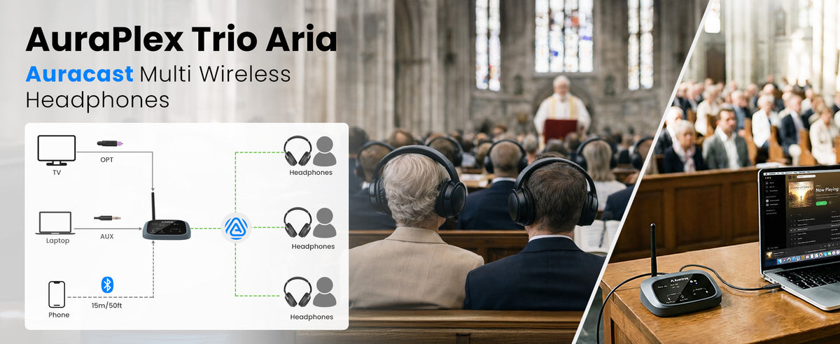 AuraPlex Trio Aura Auracast Wireless Headphones for church, transmitter supports optical, AUX, and Bluetooth input for simultaneous multi-headphone 