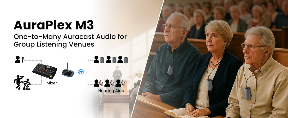 AuraPlex M3 Auracast Transmitter and Receiver for Churches, and Public Spaces, compatible with mixers, TV, Auracast-enabled hearing aids, and receivers.