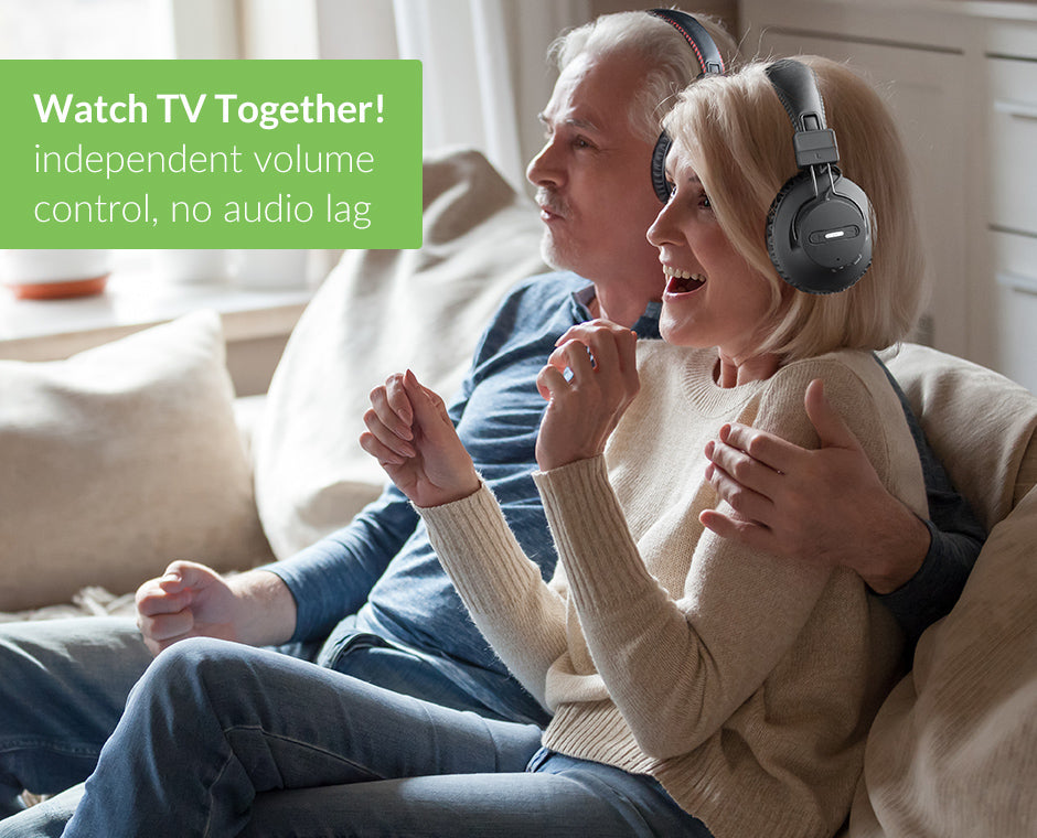HT41899 Dual Headphone TV Set for seniors and group listening, featuring independent volume controls and no audio lag.