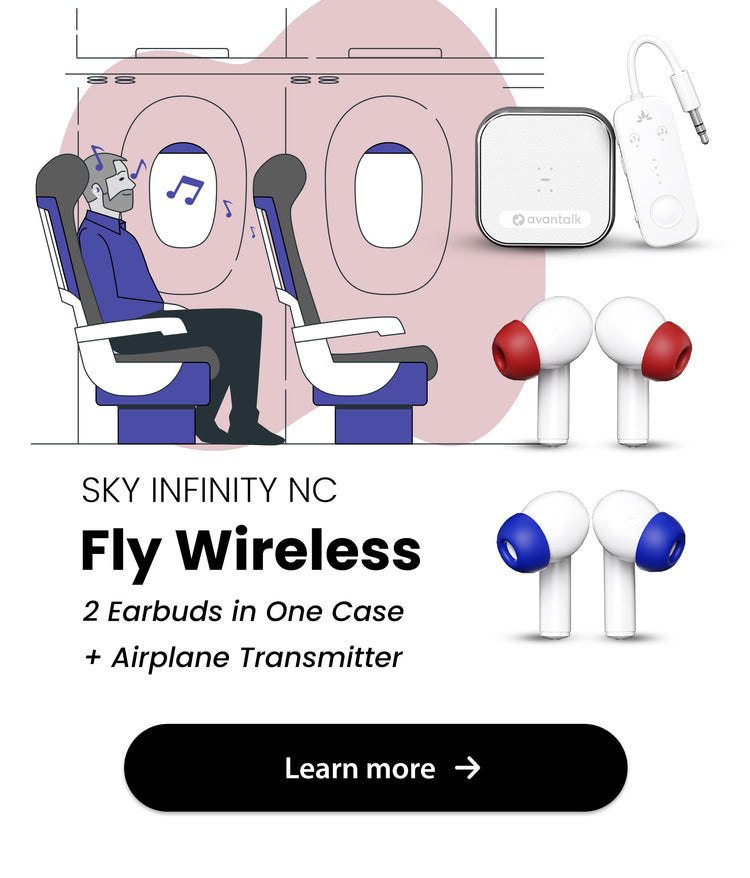 Sky Infinity NC Bluetooth Adapter for Planes, includes two earbuds in one case and airplane transmitter.