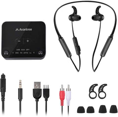HT4186 Wireless Earbuds for TV Watching, includes one earbuds, one transmitter, and setup cables and accessories.