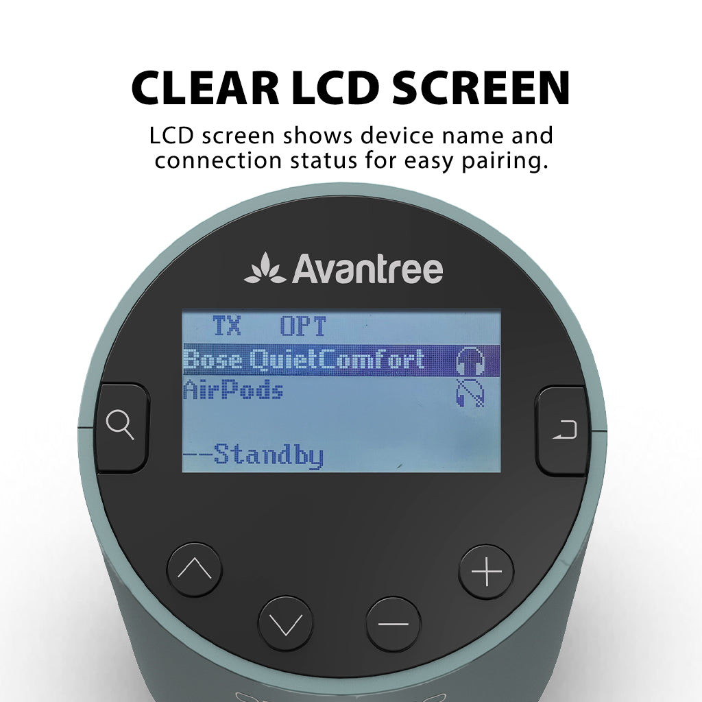Orbit Pro Bluetooth Transmitter for TV, LCD screen displays device pairing status and connected devices.