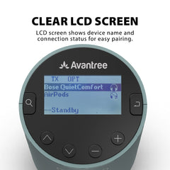 Orbit Pro Bluetooth Transmitter for TV, LCD screen displays device pairing status and connected devices.