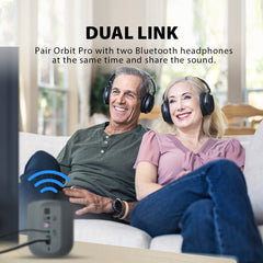 Orbit Pro Bluetooth Transmitter for TV, connects up to two headphones simultaneously for shared TV listening.