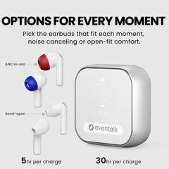 Infinity Multifunctional Wireless Earbuds, open fit, ANC blocks background noise with Transparency Mode for hearing your surroundings.