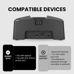 HT3831 Wireless TV Headphones for seniors and group listening, 2.4GHz connection, supports Optical, AUX 3.5mm, RCA only, not Bluetooth or HDMI, no soundbar passthrough.