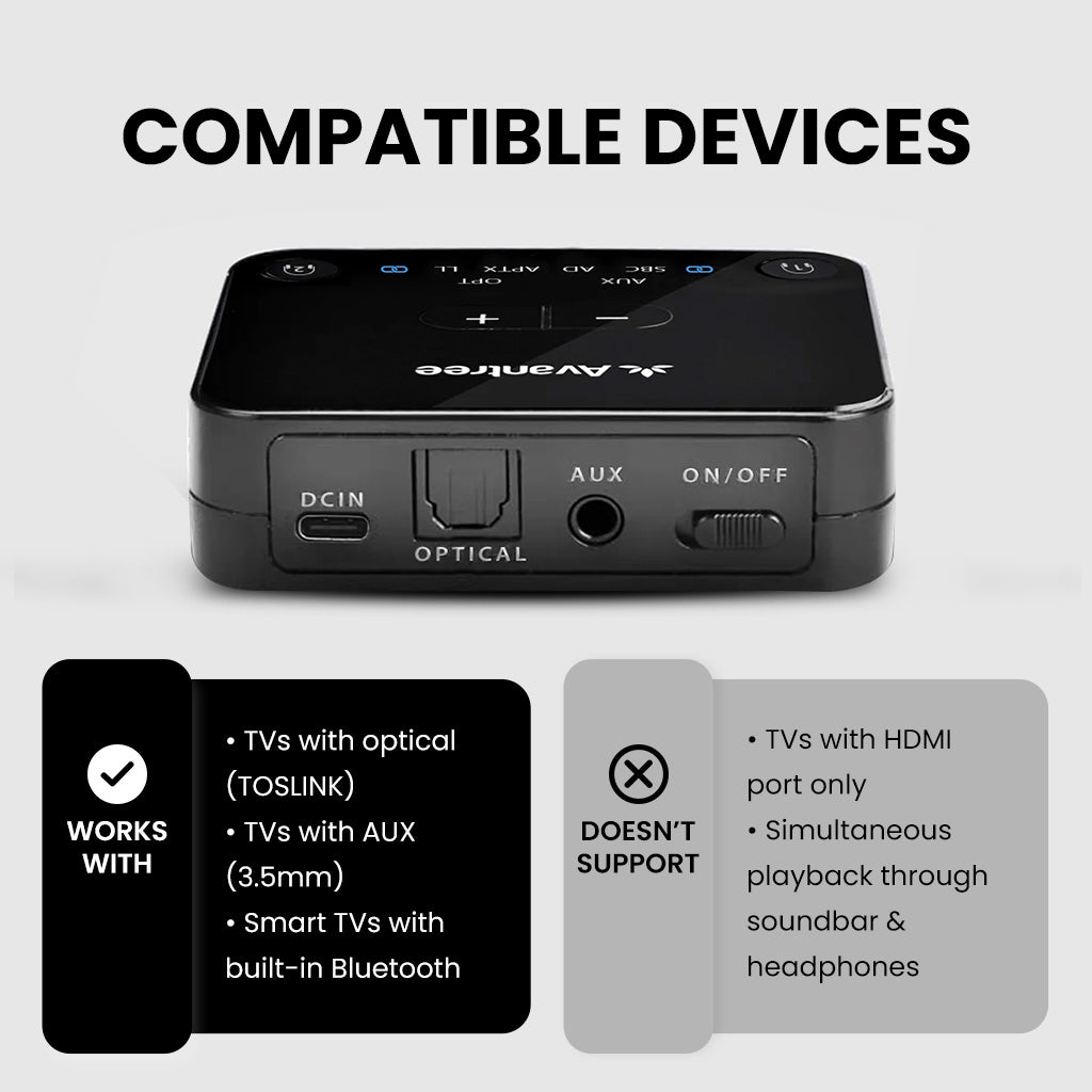 HT41899 Plus 2 Dual TV Headphones with wireless charging docks for seniors with clear voice featuring optical, 3.5 mm AUX, and built-in Bluetooth audio outputs; does not support HDMI or soundbar passthrough.