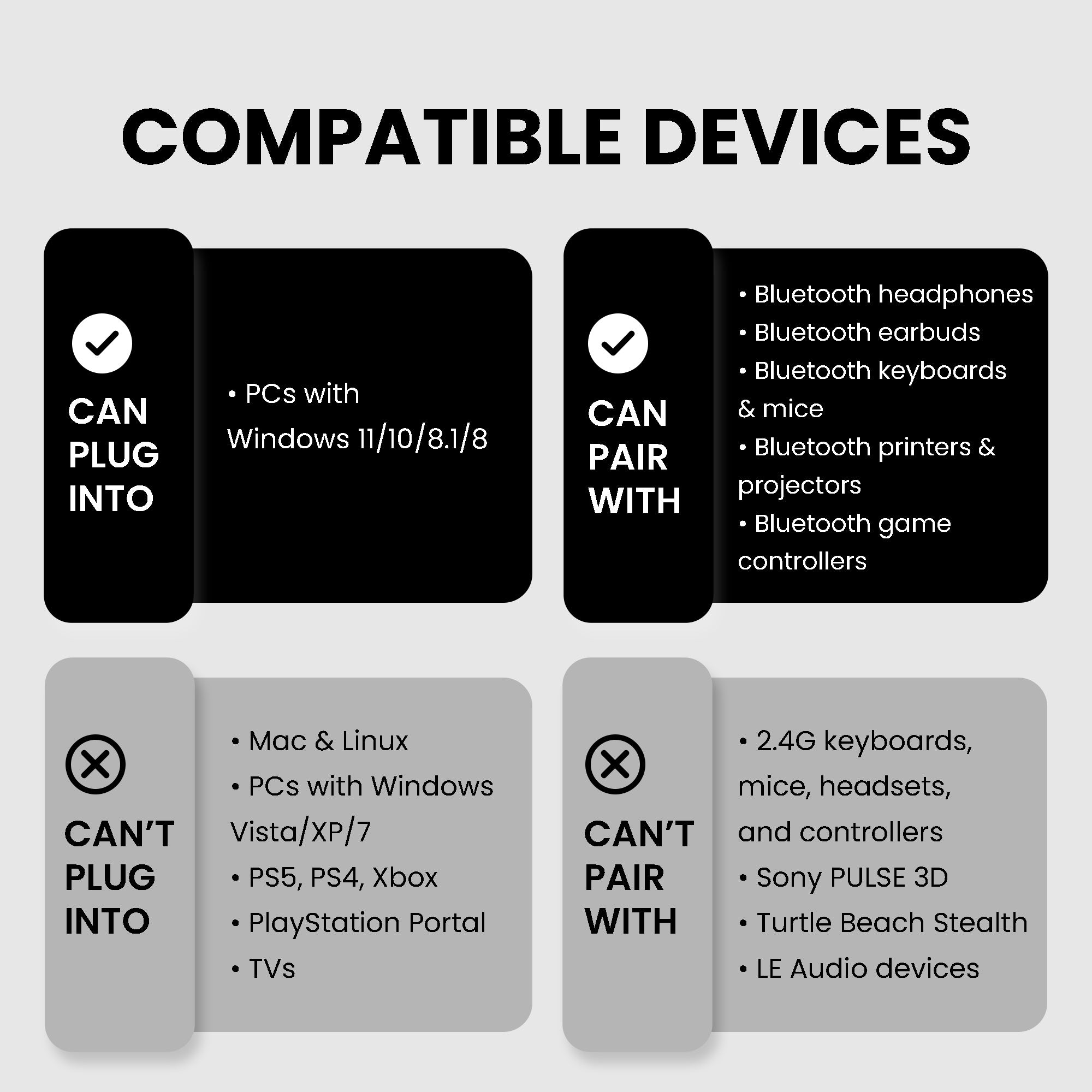 DG45 USB Bluetooth Adapter for Windows PCs, connects Bluetooth headphones, speakers, keyboards, and mice; not compatible with 2.4GHz or Wi-Fi devices.