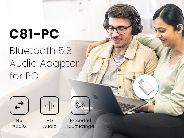 C81-PC Bluetooth Adapter for PC with USB-C Bluetooth 5.3, no audio delay, HD Audio, 100ft range 