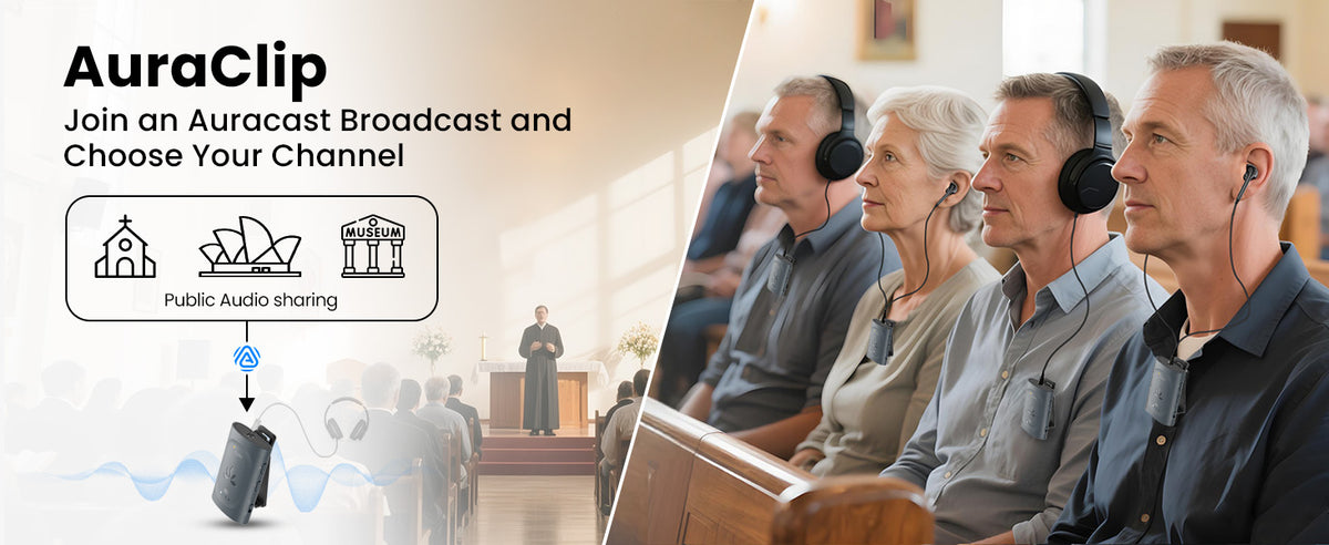 AuraClip Auracast Receiver for Churches & Public Venues, joins Auracast broadcasts and select channels.