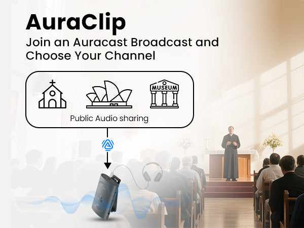 AuraClip Auracast Receiver for Churches & Public Venues, joins Auracast broadcasts and select channels.