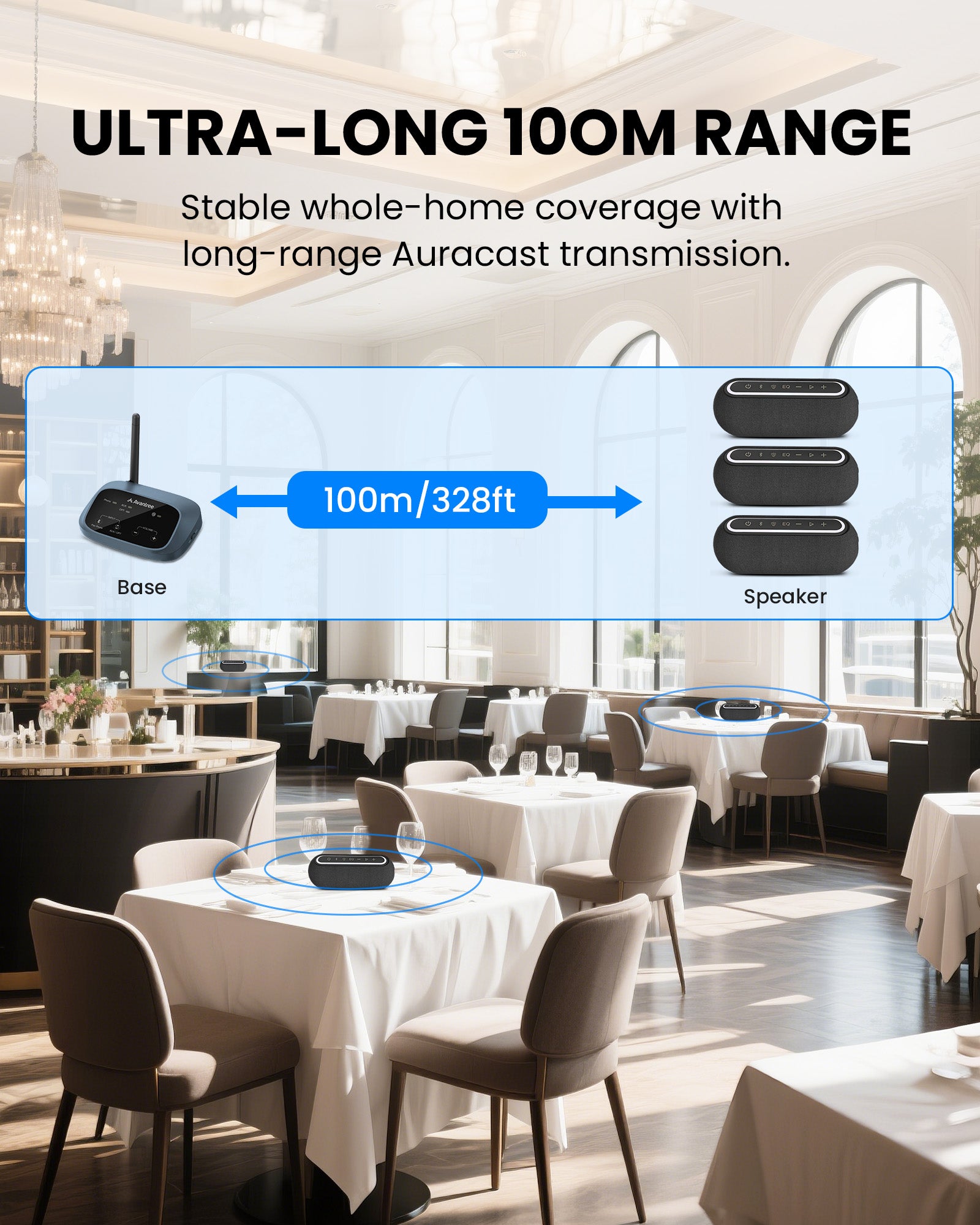The Harmony A2 Solo Premium Sound LE Audio Auracast Speaker offers wireless coverage of up to 100m / 328ft.