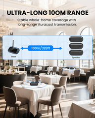 The Harmony A2 Solo Premium Sound LE Audio Auracast Speaker offers wireless coverage of up to 100m / 328ft.
