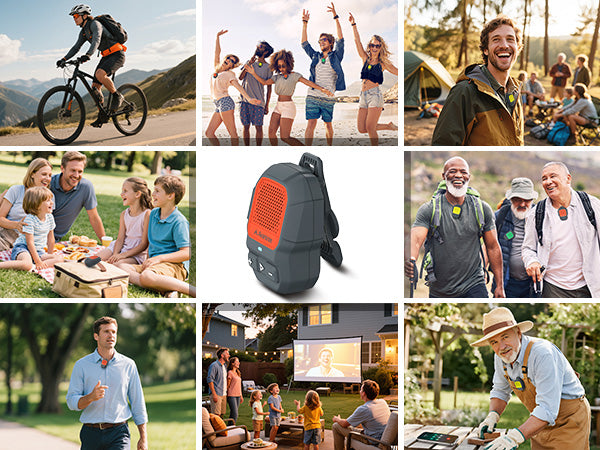 ShareCast Clip-On Auracast Speaker with LE Audio for Group Listening, outdoor activities, multi-listener streaming, and IP67 waterproofing.