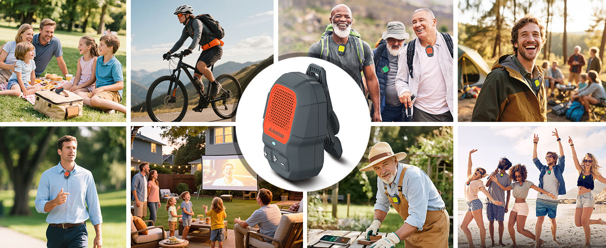 ShareCast Clip-On Auracast Speaker with LE Audio for Group Listening, ourdoor  activities, multi-listener streaming, and IP67 waterproofing.