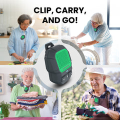 ShareCast Solo Clip-On Auracast Speaker with Bluetooth 5.4 LE Audio, strong shirt clip for hands-free music and calls during everyday activities.