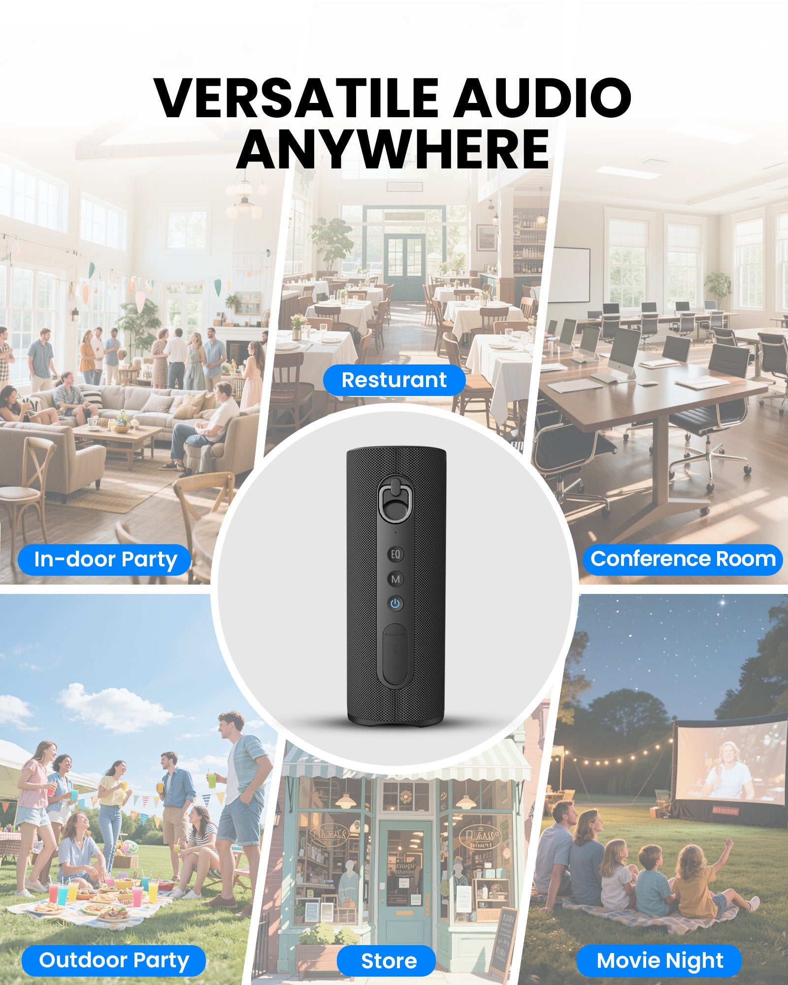 Harmony A1 Solo Bluetooth Speaker with Auracast Expansion, versatile for indoor/outdoor use, conferences, and restaurant setups.