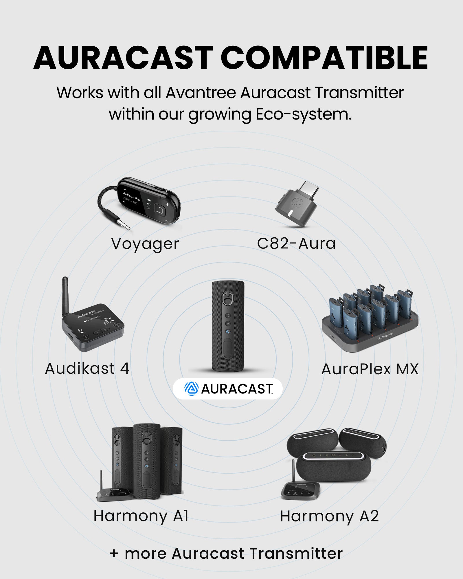 Harmony A1 Solo Bluetooth Speaker with Auracast Expansion, works with Avantree ecosystem and connects multiple Auracast-enabled devices.