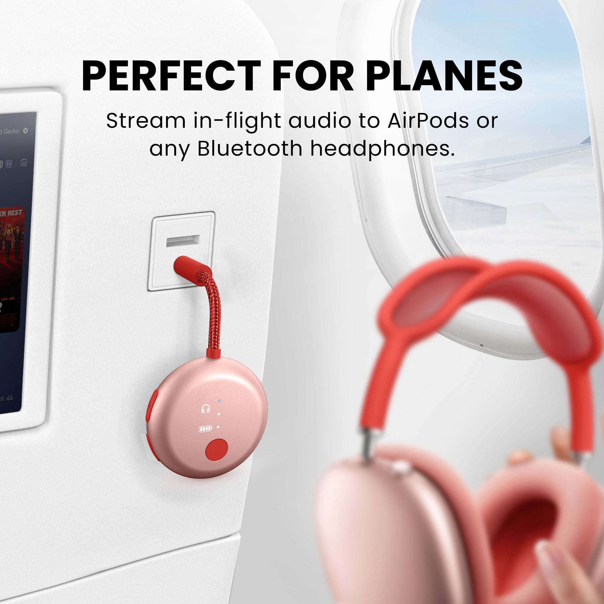 SoundJet R1 Airplane Bluetooth Adapter for Headphones & AirPods, stream wirelessly to airplane seatback audio with AUX or dual-prong adapter.
