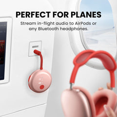 SoundJet R1 Airplane Bluetooth Adapter for Headphones & AirPods, stream wirelessly to airplane seatback audio with AUX or dual-prong adapter.
