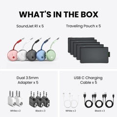 SoundJet R1 Airplane Bluetooth Adapter for Headphones & AirPods, includes travel pouch, dual-prong adapter, USB-C charging cable, and five soundjet R1