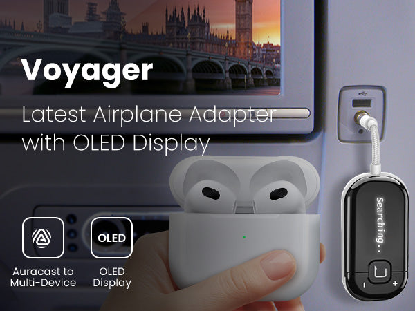 Voyager HA Bluetooth Transmitter for Auracast-Enabled Hearing Aids with OLED Display, connects multiple Auracast devices simultaneously.