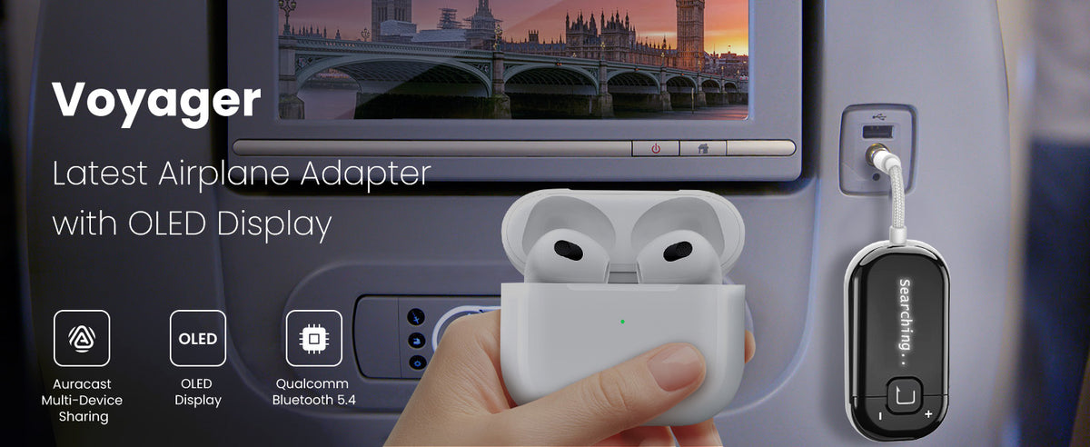 Voyager HA Bluetooth Transmitter for Auracast-Enabled Hearing Aids with OLED Display, connects multiple Auracast devices simultaneously.