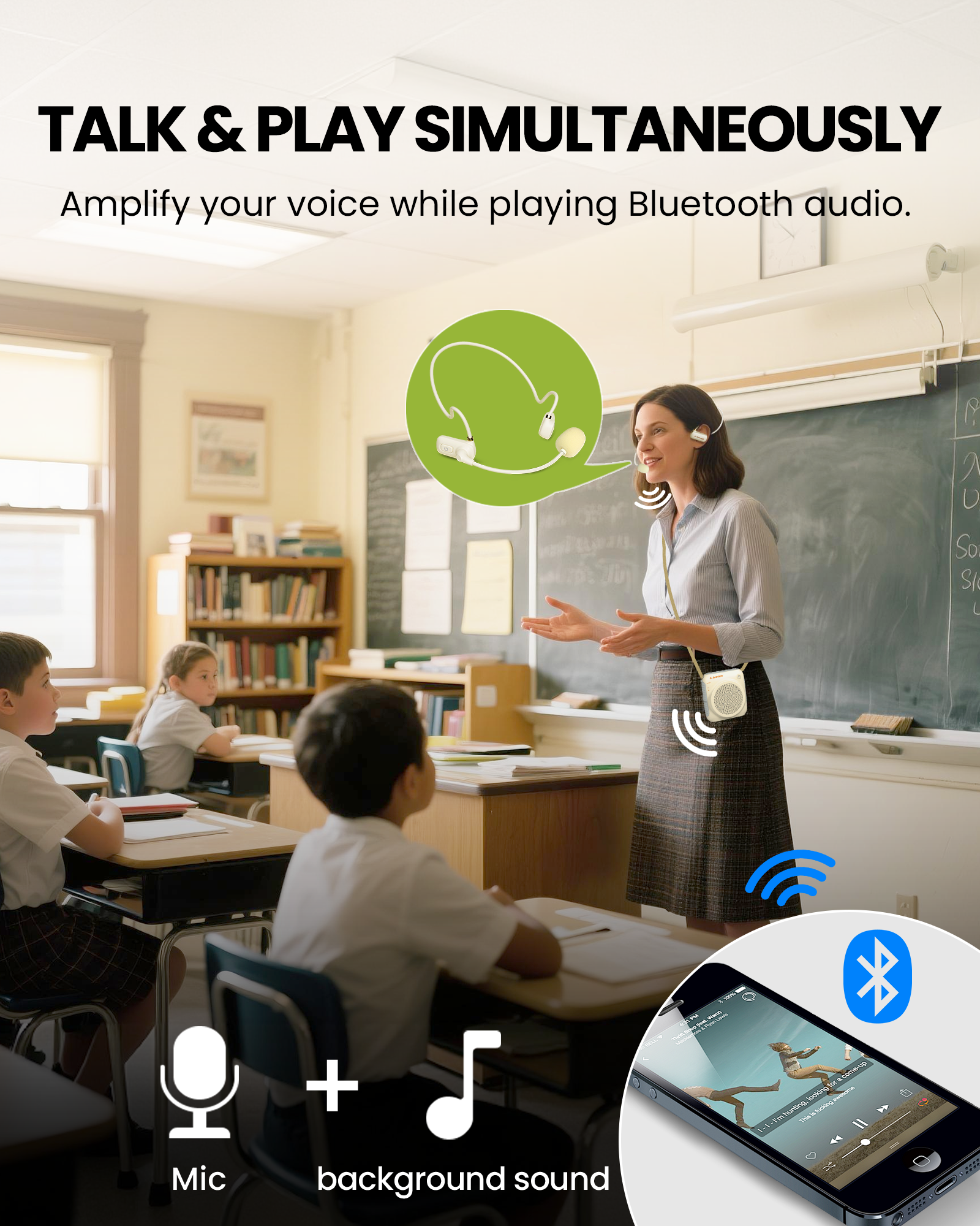 VoxAmp Lite Portable Voice Amplifier with Wireless Mic, amplifies voice while playing Bluetooth audio.