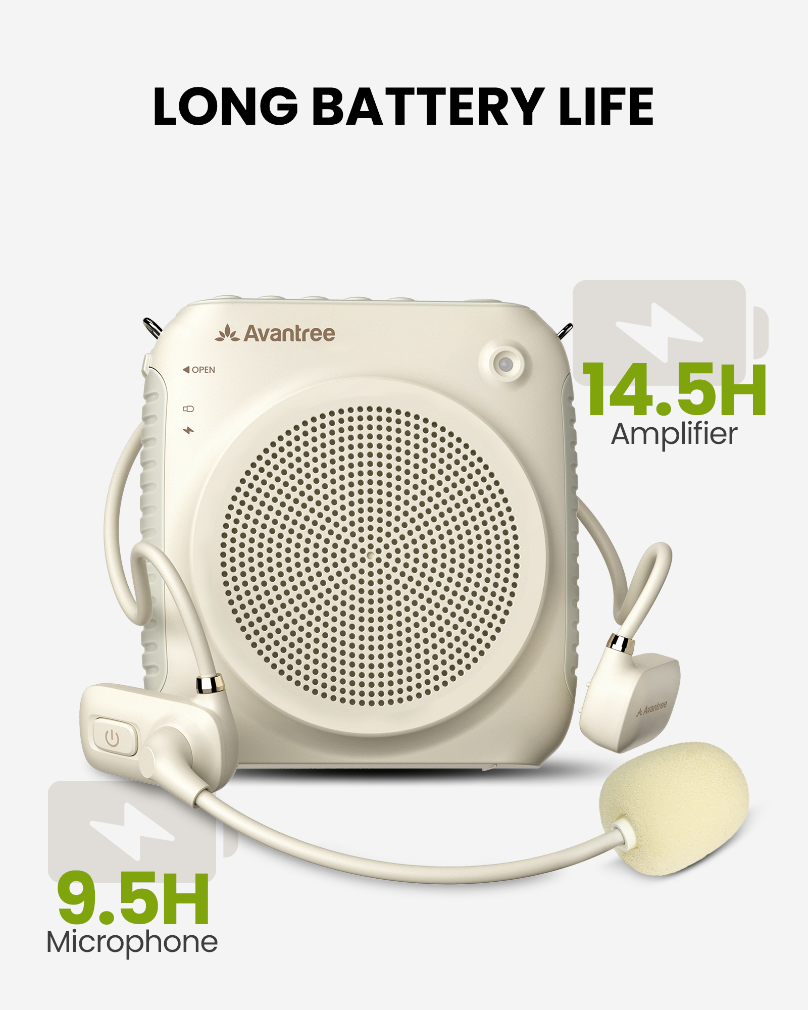 VoxAmp Lite Portable Voice Amplifier with Wireless Mic, provides up to 14 hours amplifier use and 9.5 hours microphone use.