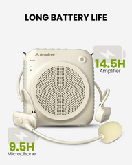 VoxAmp Lite Portable Voice Amplifier with Wireless Mic, provides up to 14 hours amplifier use and 9.5 hours microphone use.