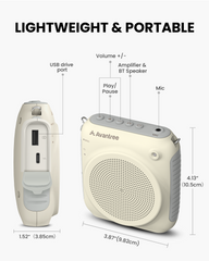 VoxAmp Lite Portable Voice Amplifier with Wireless Mic, lightweight portable, easy to wear with visible controls, microphone, and USB device port.