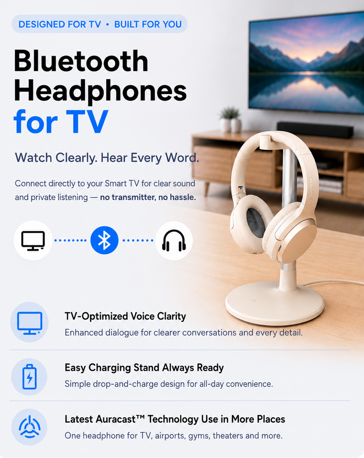 Bluetooth TV Headphones for wireless TV audio with enhanced voice clarity, charging stand, and Auracast technology.