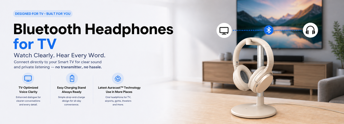 Bluetooth TV Headphones for wireless TV audio with enhanced voice clarity, charging stand, and Auracast technology.