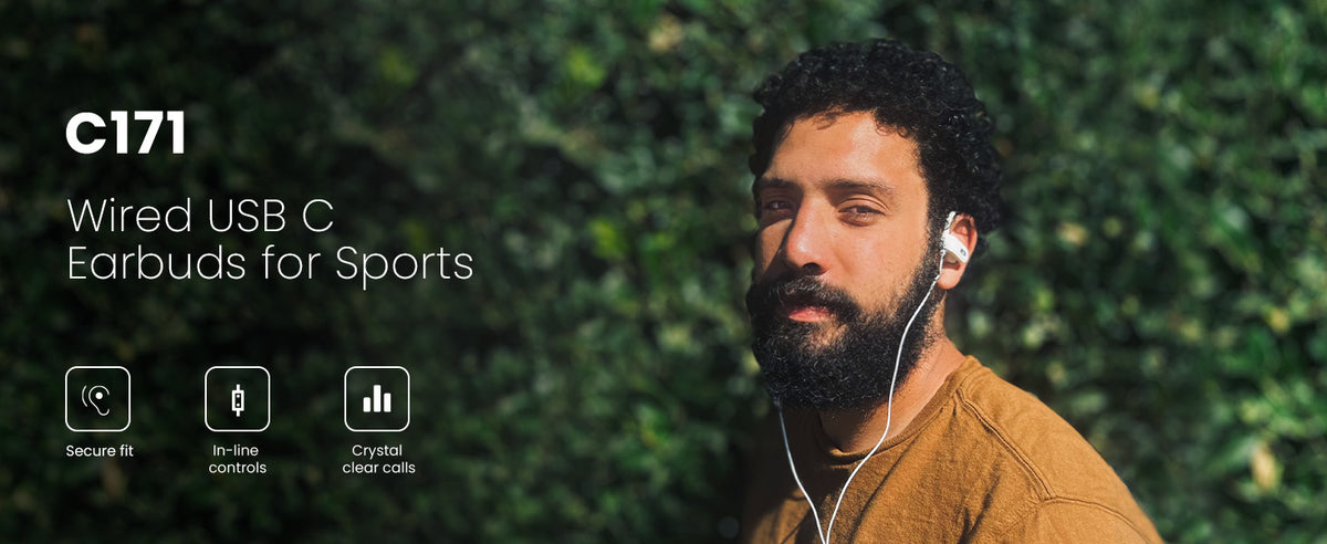 C171 Wired USB-C Earbuds for sports with secure fit, inline controls, and crystal-clear calls.
