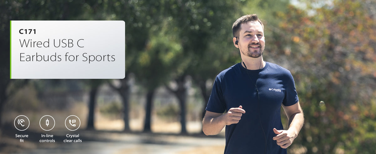 C171 Wired USB-C Earbuds for Sports and Running, secure earhooks, fit for active use.
