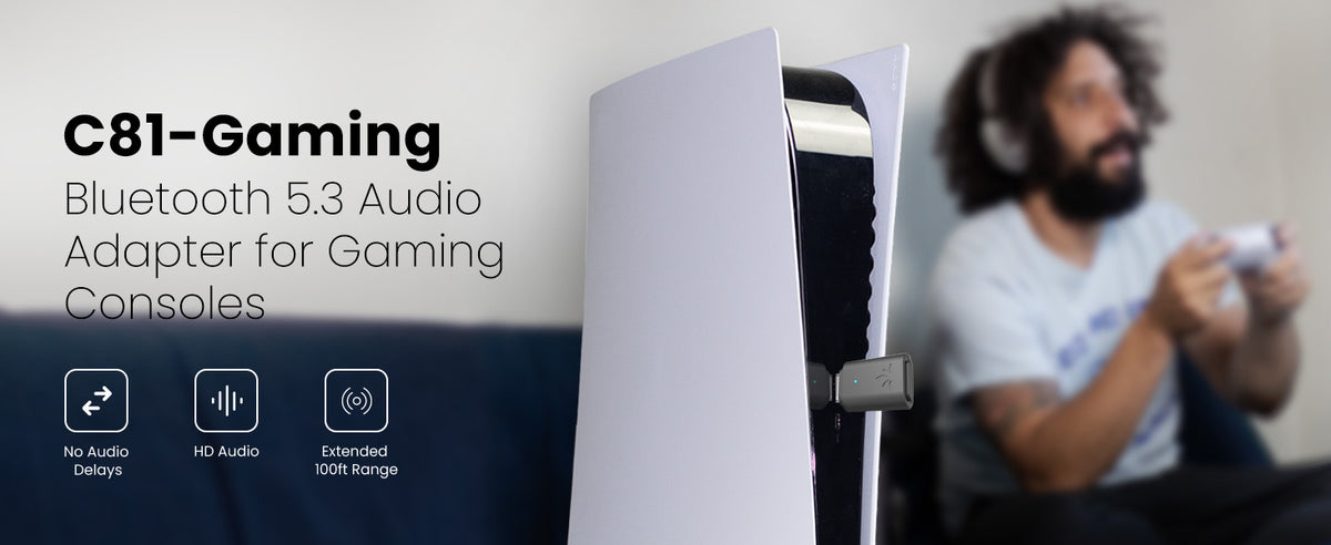 C81-Gaming PS5 Bluetooth Audio Adapter for gaming consoles with no audio delay, HD audio, and 100ft range.
