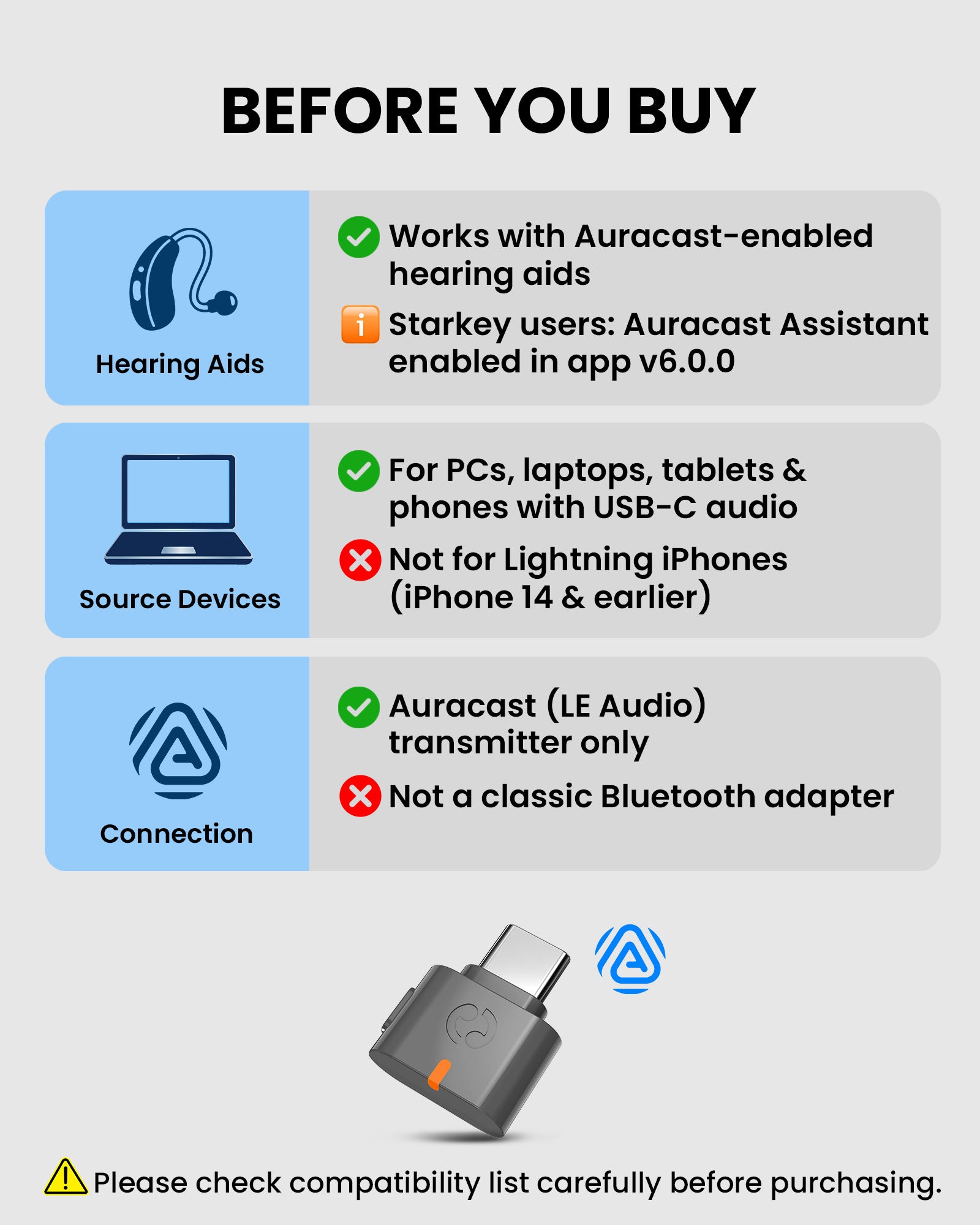 C82 Aura USB Auracast Audio Transmitter Adapter for USB-C PCs, tablets, and smartphones to Auracast-enabled hearing aids; LE Audio transmitter only, not compatible with Lightning iPhones.