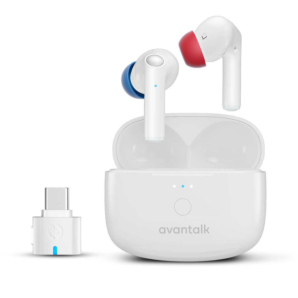 AcuEar Infinity LE Audio ANC Earbuds with USB-C adapter, designed for clear real-world conversations at counters, clinics, pharmacies, and service desks with low-latency sound for PC and PS5