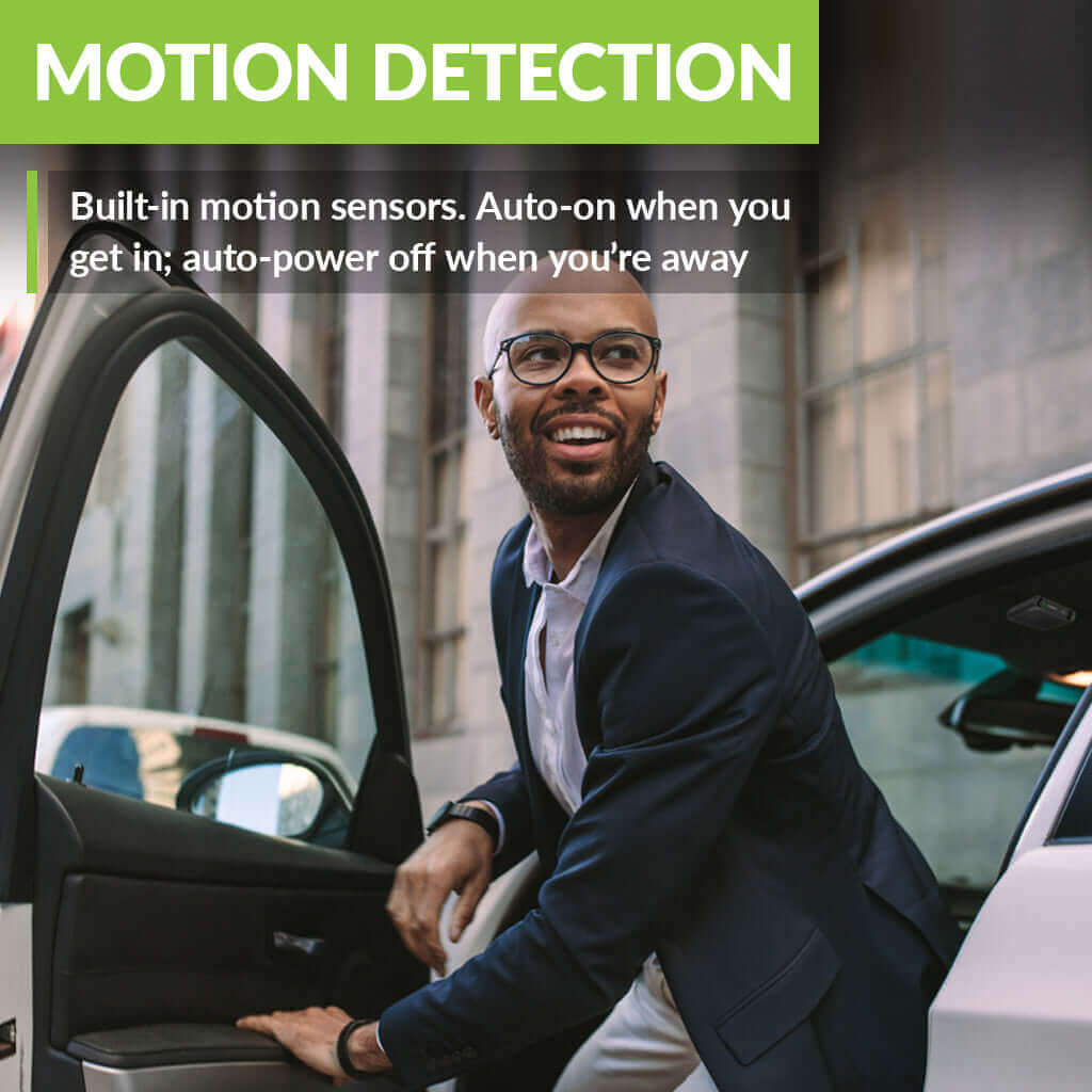 Roadtrip Handsfree Car Bluetooth Speaker & Wireless FM Transmitter Kit, built-in motion sensor powers on and reconnects automatically when you enter the car.