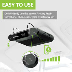 Roadtrip Handsfree Car Bluetooth Speaker & Wireless FM Transmitter Kit, rotary dial controls volume and activates voice assistant, siri for hands-free use.