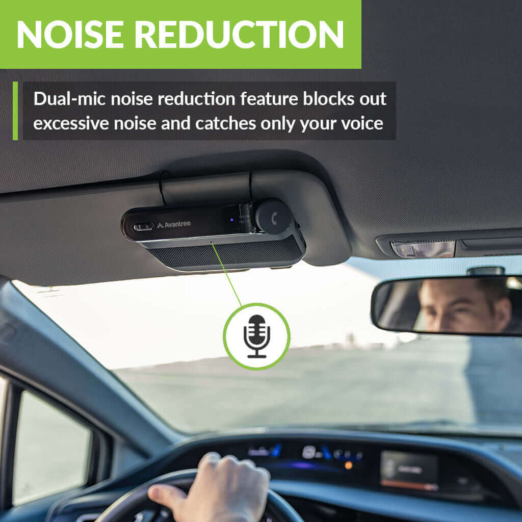 Roadtrip Handsfree Car Bluetooth Speaker & Wireless FM Transmitter Kit, with dual-mic noise reduction for clear calls and streaming.