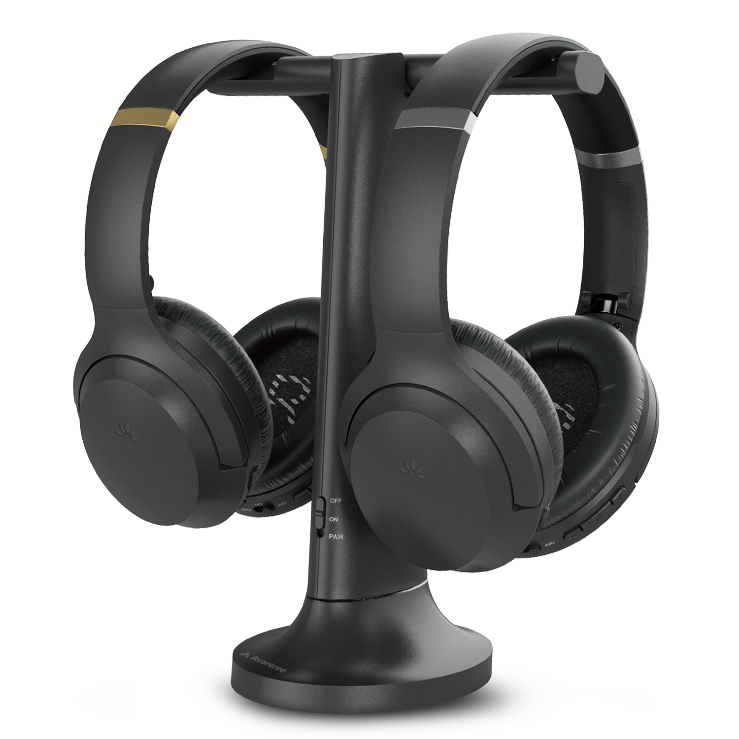 Duet Dual Wireless Headphones for TV, 2.4G connection, Works witth TV optical or AUX output and power on—no Bluetooth pairing required.