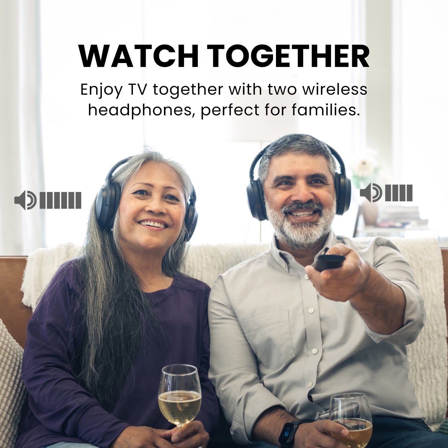Duet Dual Wireless Headphones for TV, 2.4G connection, connect 2 headphones simultaneously for shared listening with independent volume control.